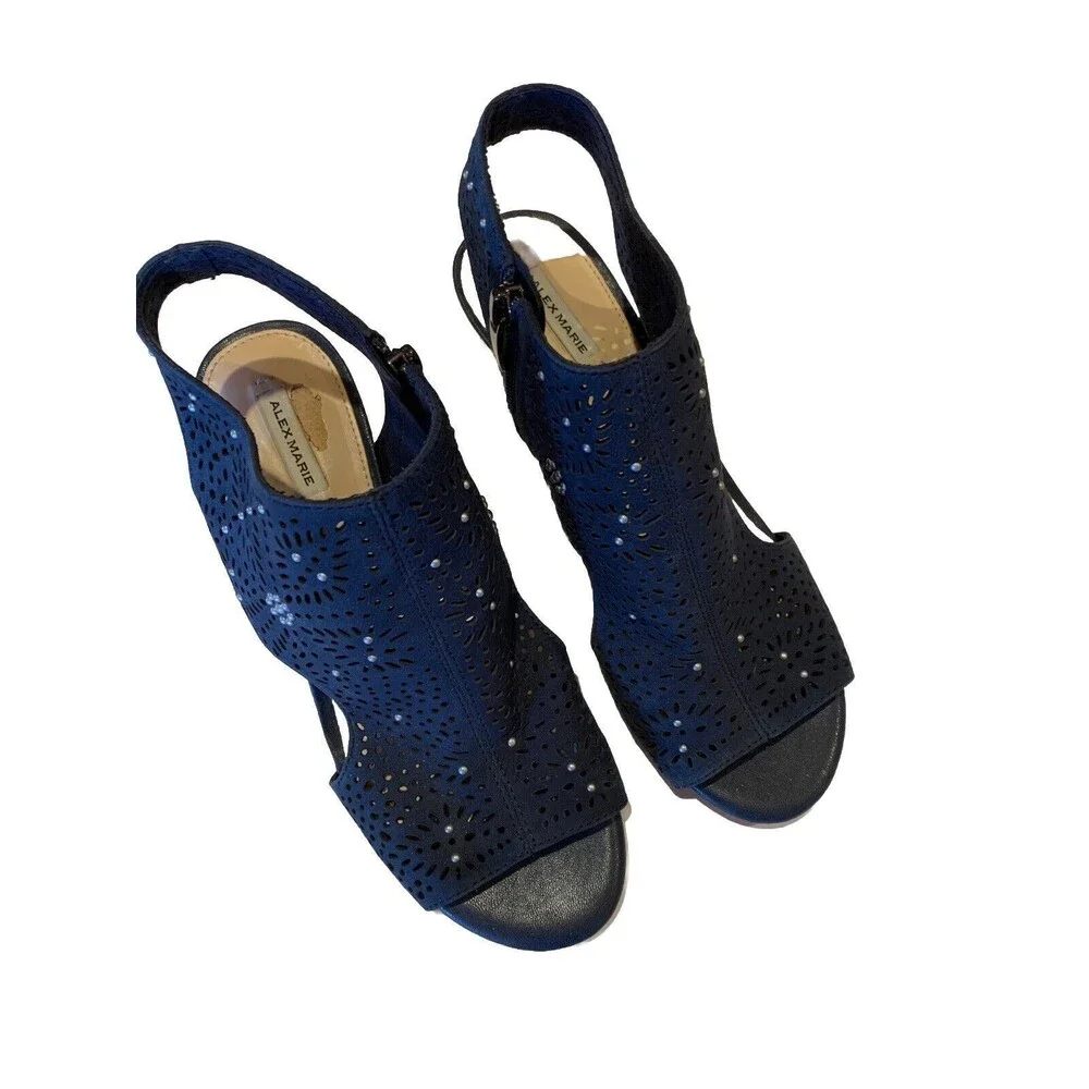 Alex Marie Women’s Sz 6.5 Leather  Cork Wedge Heels Sandals Shoes Navy *READ*